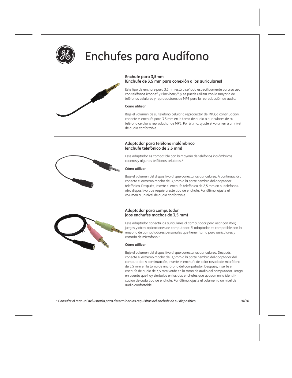 Enchufes para audífono | GE 98973 GE VoIP In-Ear Headset with Inline Microphone & Two Adapters User Manual | Page 2 / 2