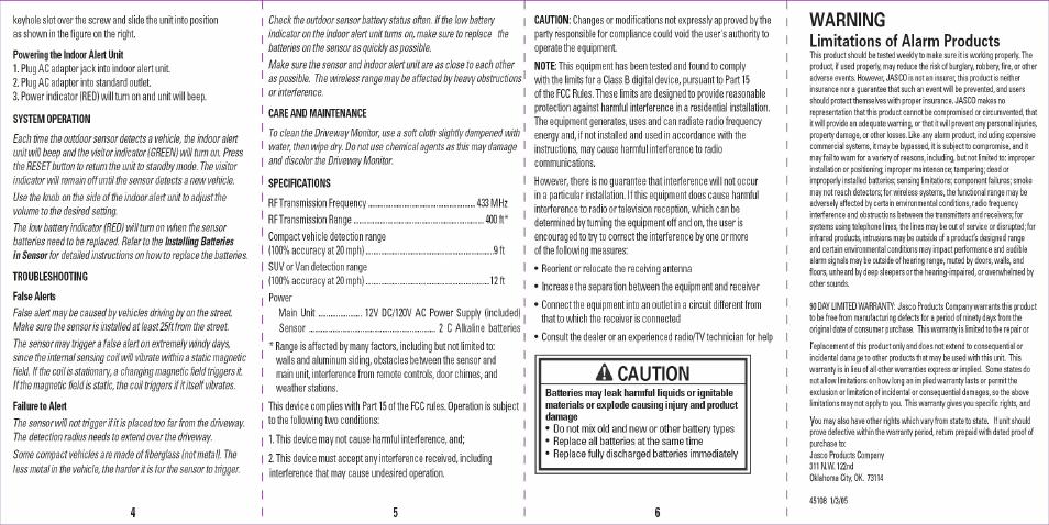 System operation, Troubleshooting false alerts, Failure to alert | Care and maintenance, Specifications, Â caution, Warning limitations of alarm products | GE 45105 GE Drive Way Monitor User Manual | Page 2 / 2