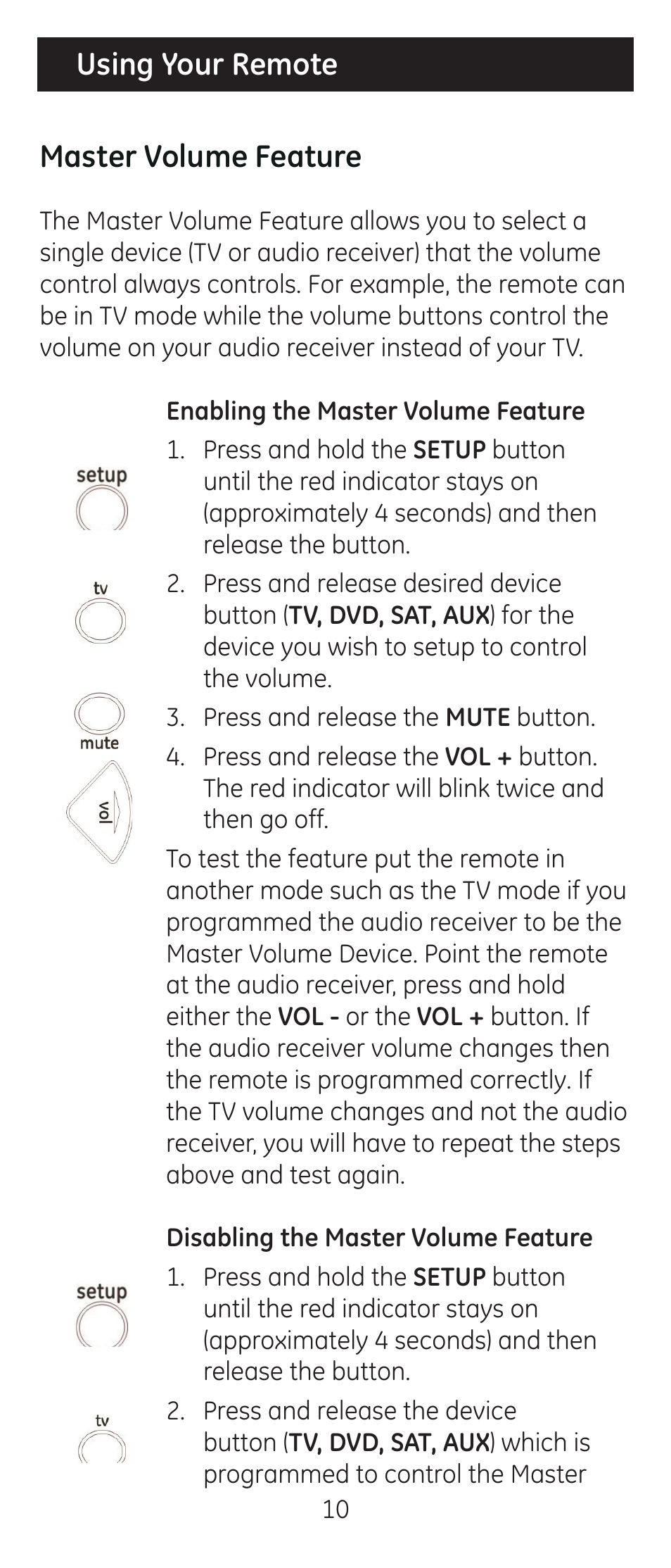 Using your remote master volume feature | GE 24927-v2 GE Universal Remote User Manual | Page 10 / 42
