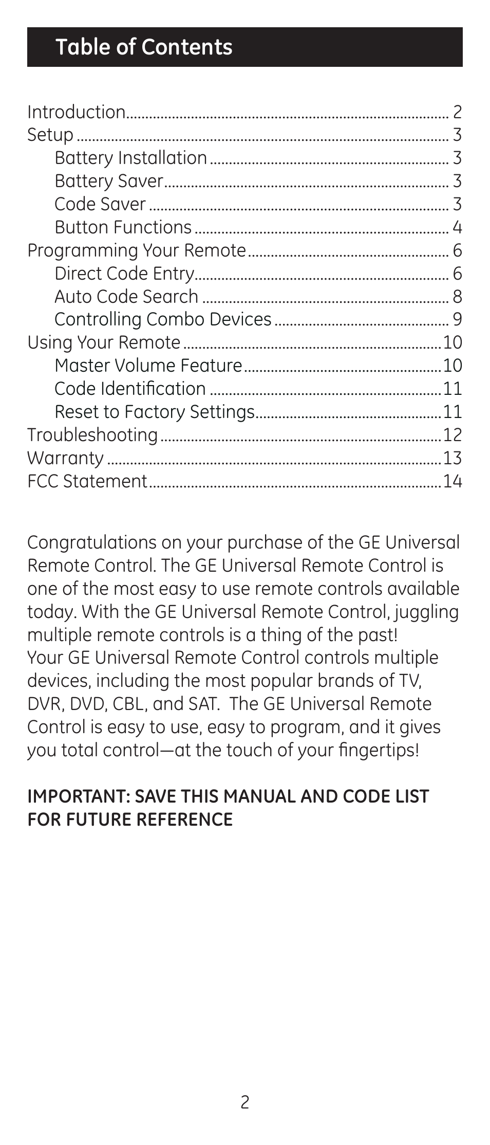 GE 24927-v2 GE Universal Remote User Manual | Page 2 / 42