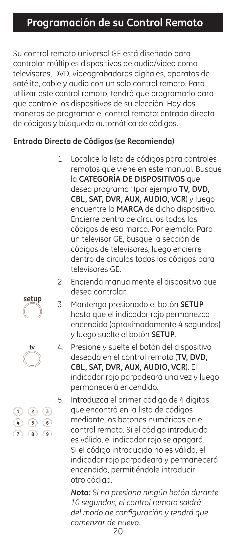 Programación de su control remoto | GE 24927-v2 GE Universal Remote User Manual | Page 20 / 42