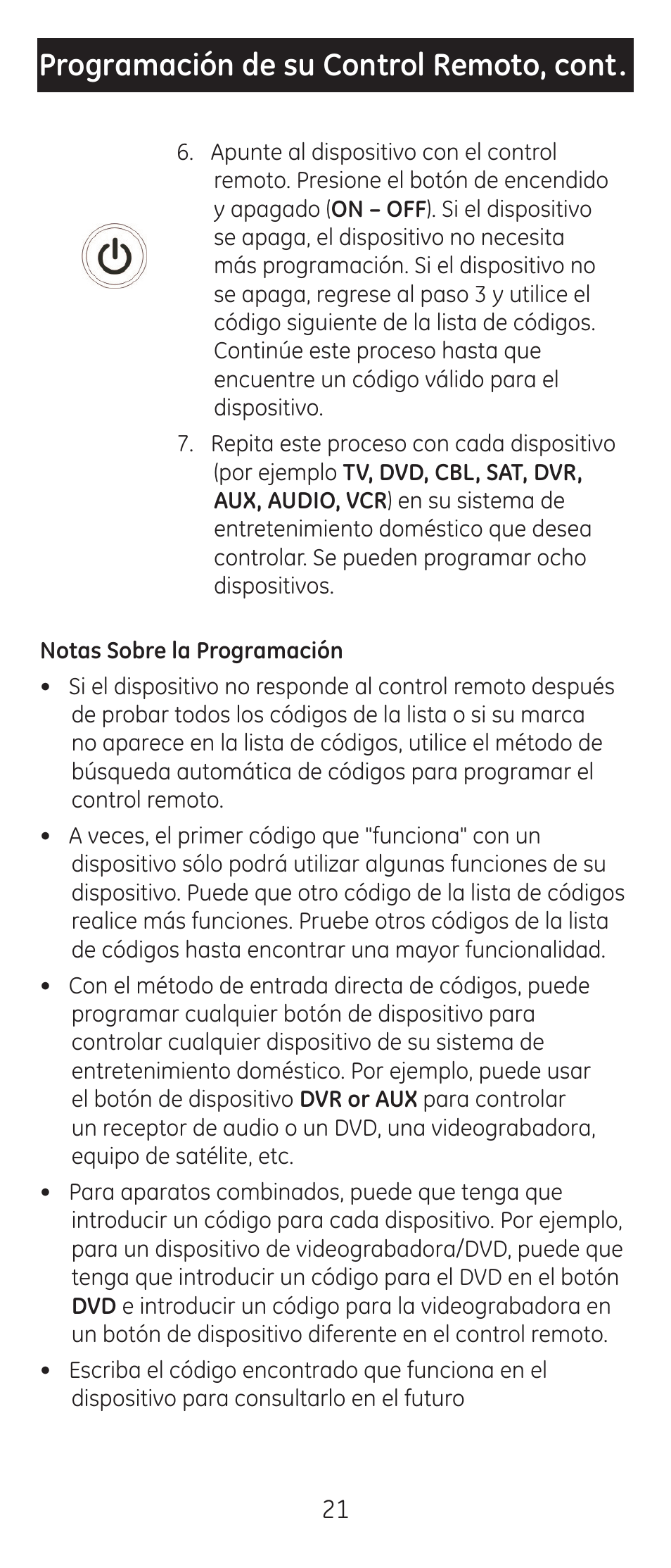 Programación de su control remoto, cont | GE 24927-v2 GE Universal Remote User Manual | Page 21 / 42