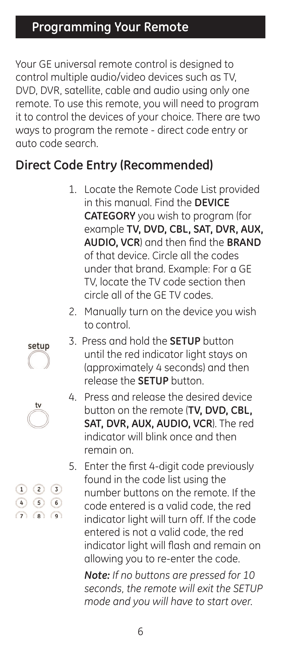 Programming your remote, Direct code entry (recommended) | GE 24927-v2 GE Universal Remote User Manual | Page 6 / 42
