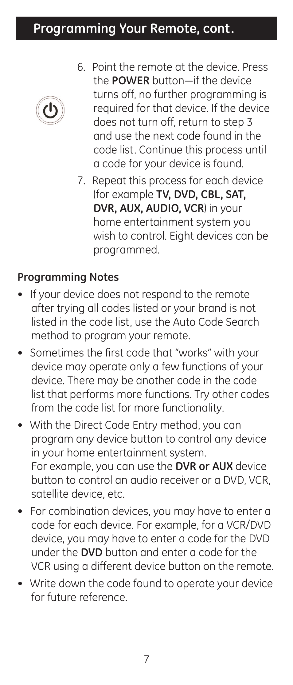 Programming your remote, cont | GE 24927-v2 GE Universal Remote User Manual | Page 7 / 42