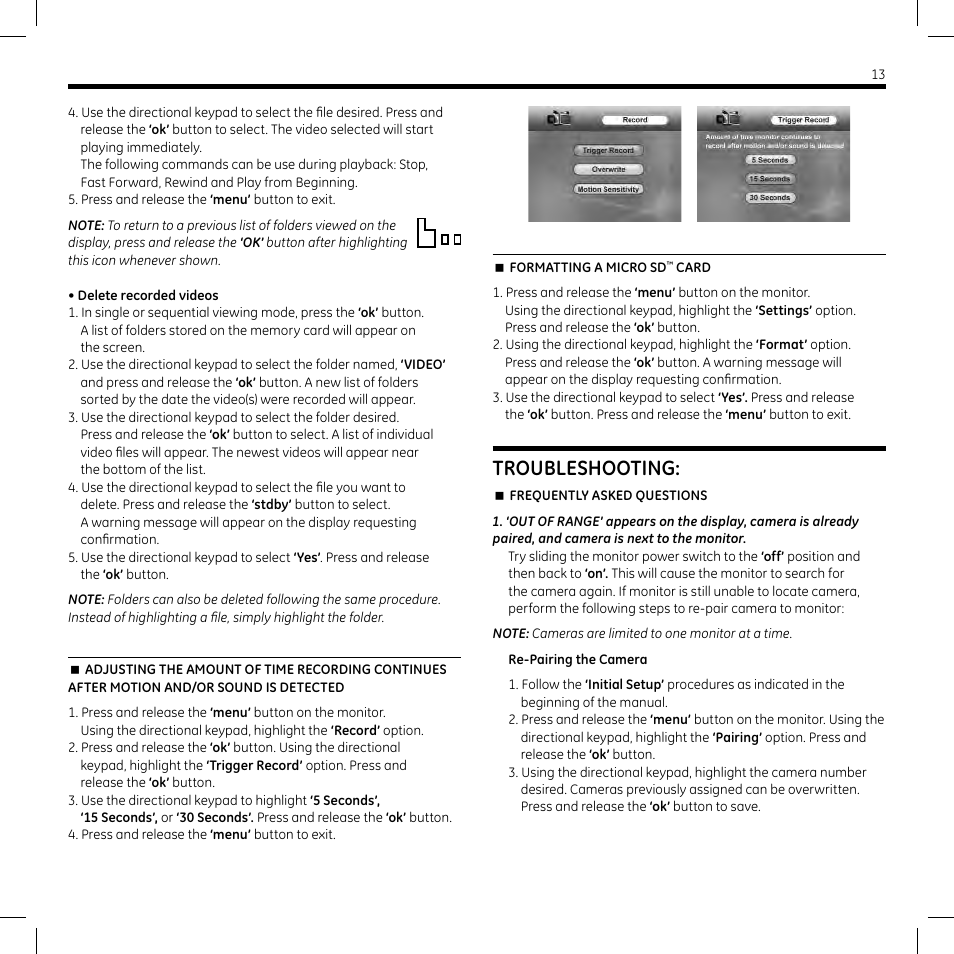 Troubleshooting | GE 45255 Digital Home Monitoring Kit User Manual | Page 13 / 15