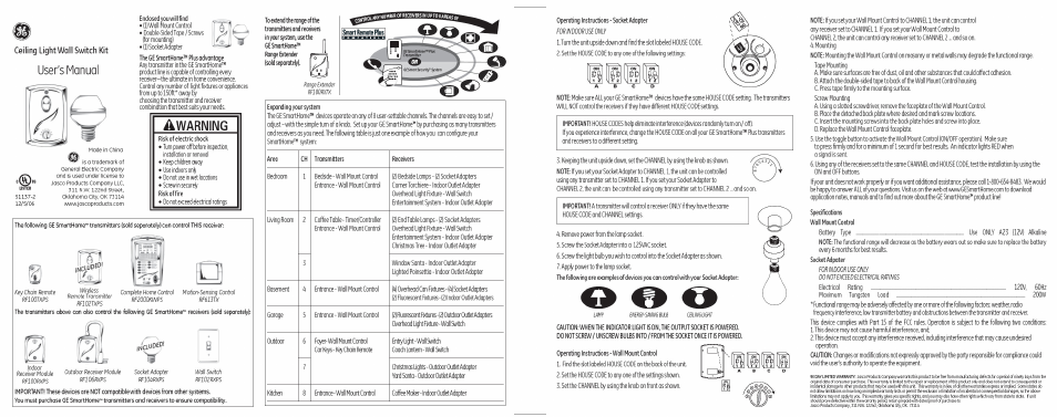 GE 51137 GE Socket Receiver with Wall Switch Smart Remote Plus Compatible User Manual | 1 page