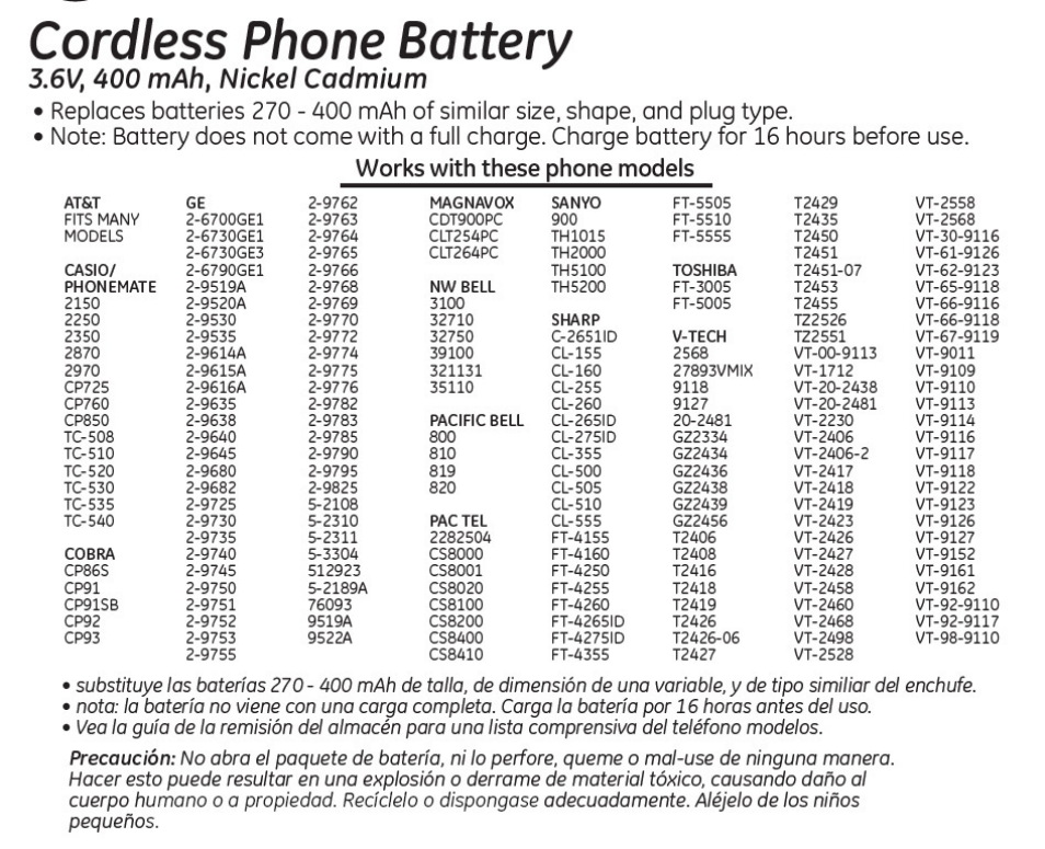 GE 26155 GE Cordless Phone Battery User Manual | 1 page