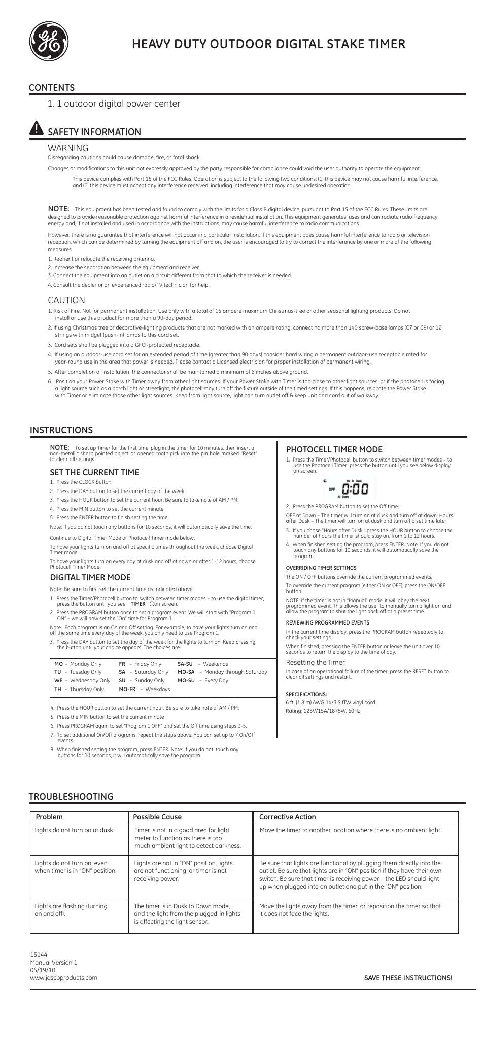 GE Outdoor 15144 Digital Stake Timer User Manual | 2 pages