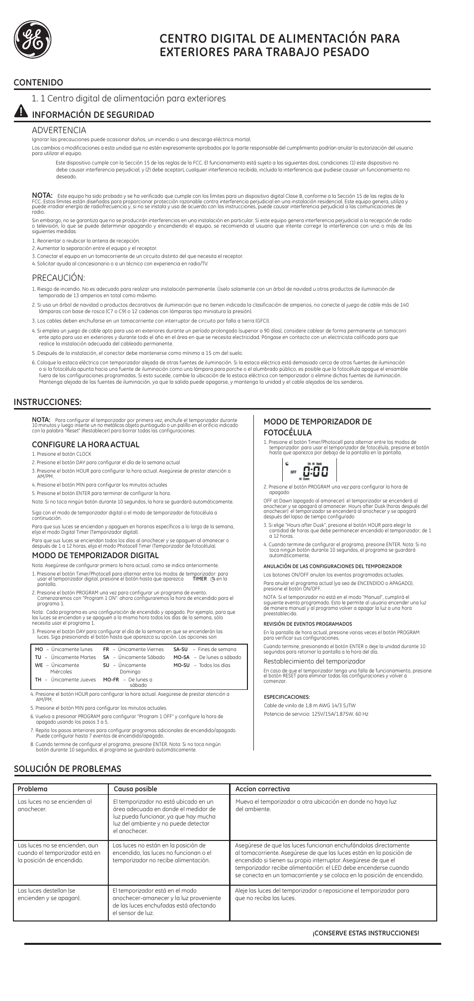 1 centro digital de alimentación para exteriores, Precaución, Solución de problemas | Configure la hora actual, Modo de temporizador digital, Modo de temporizador de fotocélula, Nota | GE Outdoor 15144 Digital Stake Timer User Manual | Page 2 / 2