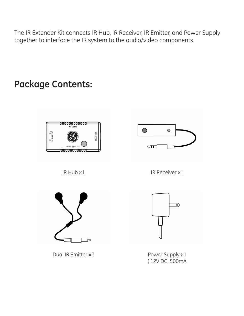 Package contents | GE 24988 GE Infrared Signal Remote Extender User Manual | Page 2 / 7