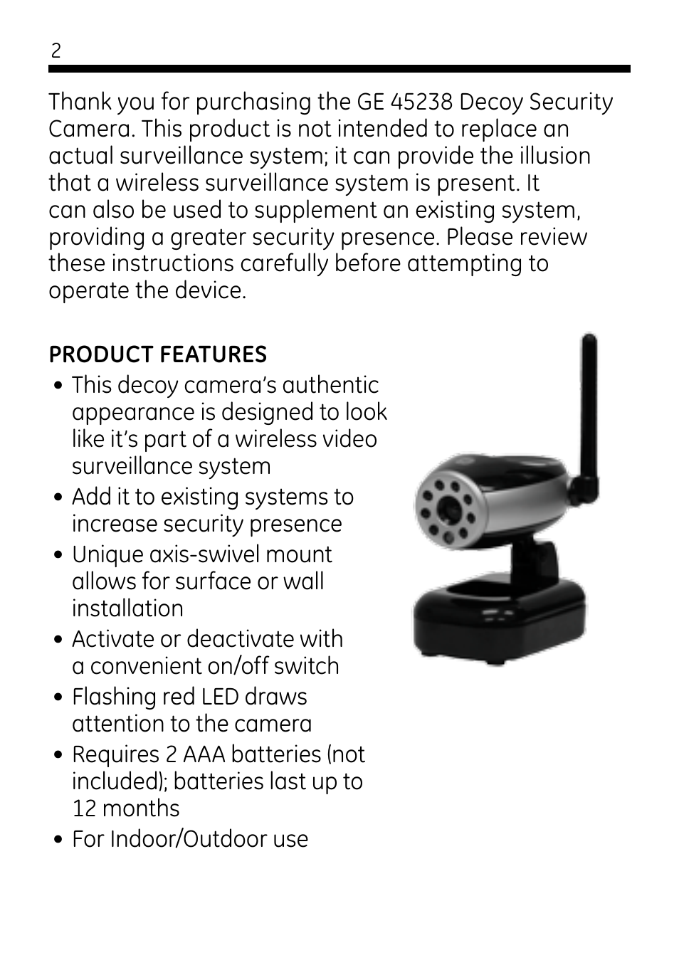 GE 45238 GE Wireless Decoy Security Camera User Manual | Page 2 / 7