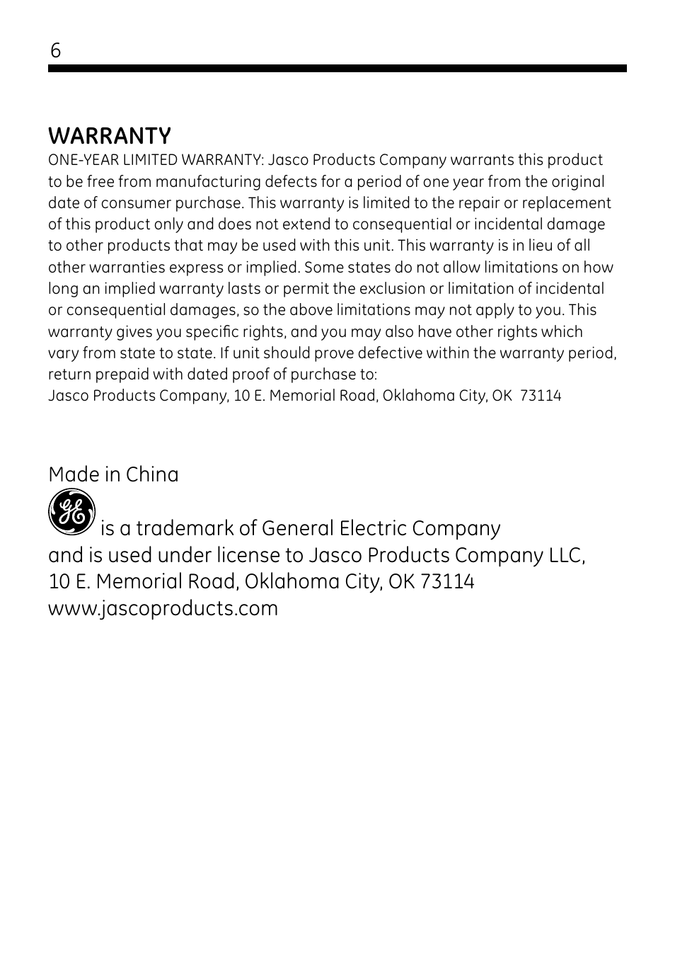 Warranty | GE 45238 GE Wireless Decoy Security Camera User Manual | Page 6 / 7