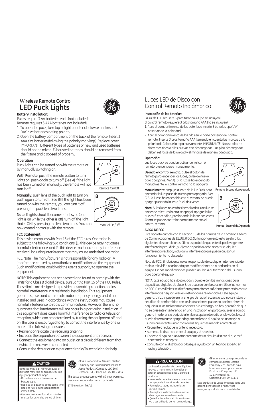 GE 17494 Wireless Remote Control Puck Light User Manual | 1 page