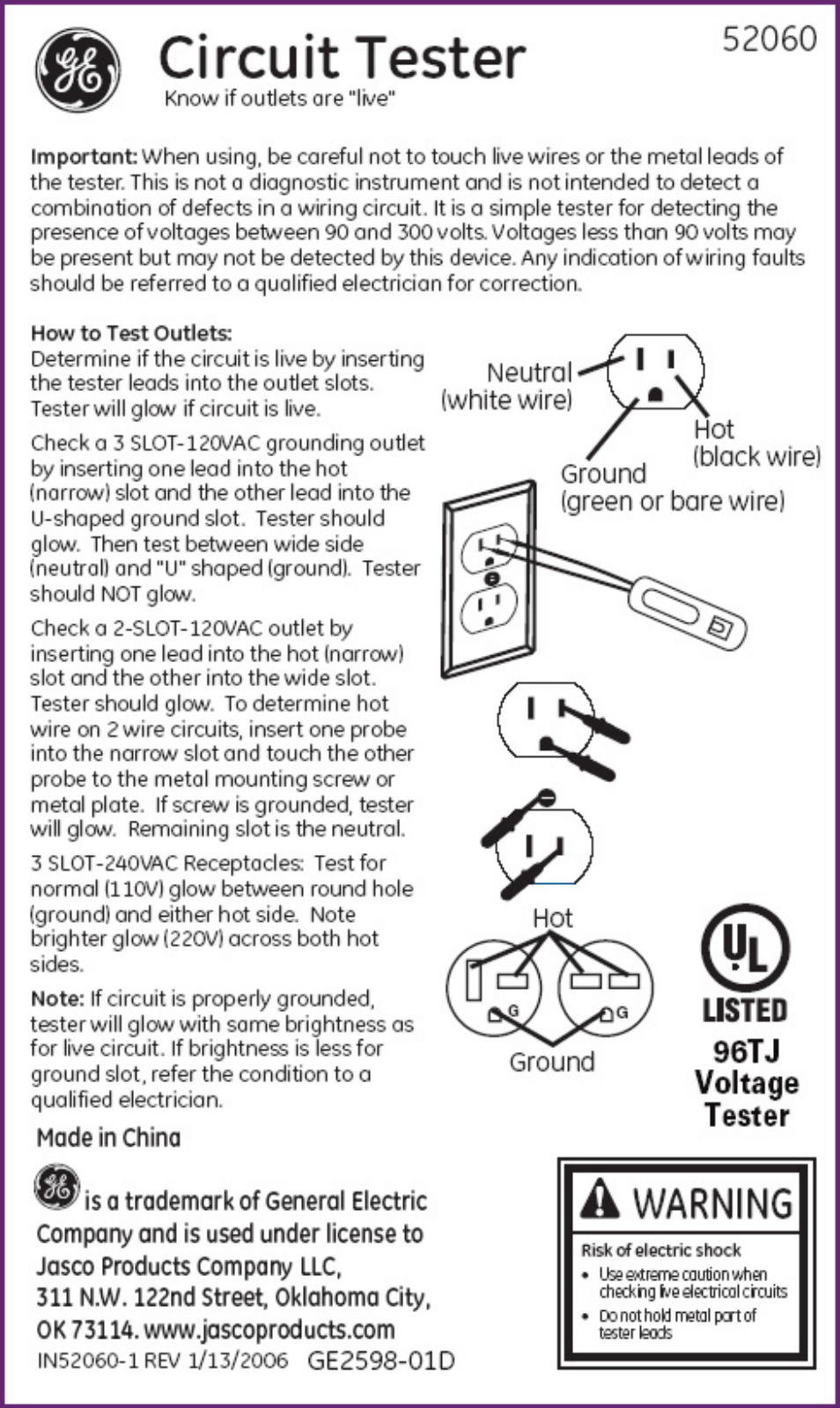 GE 52060 GE Electrical Circuit Tester User Manual | 1 page