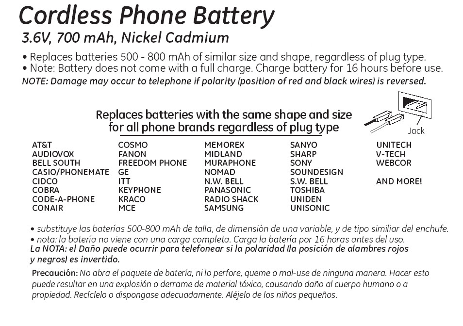 GE 26144 GE Cordless Phone Battery User Manual | 1 page