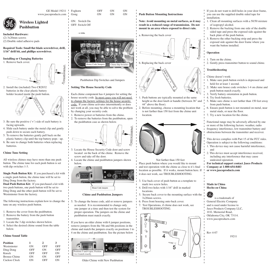 GE 19211 GE Wireless Seven-Sound Lighted Push Button User Manual | 2 pages