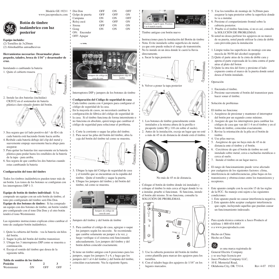 GE 19211 GE Wireless Seven-Sound Lighted Push Button User Manual | Page 2 / 2