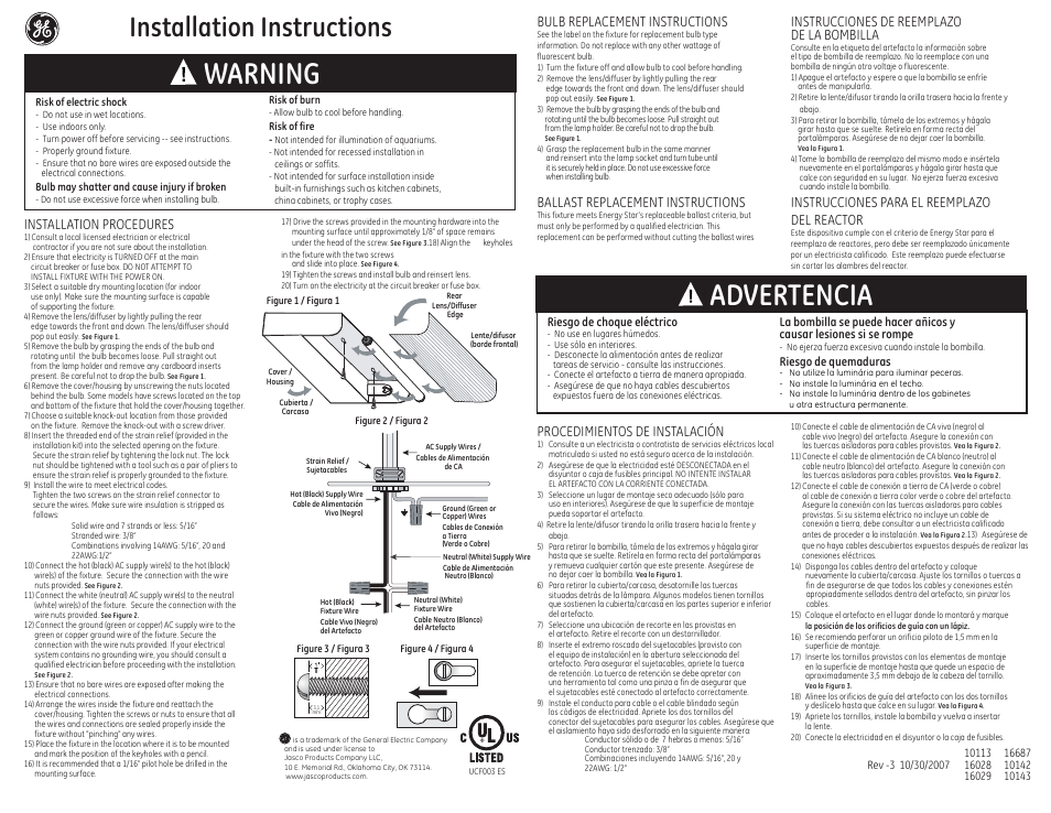 GE 10113 GE UCF Premium Direct Wire Light Fixture 18 in User Manual | 1 page
