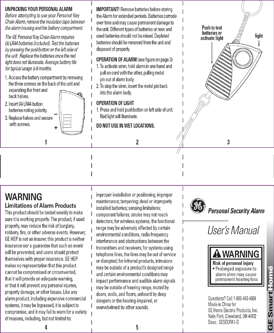 GE 51208 GE Personal Keychain Security Alarm User Manual | 1 page