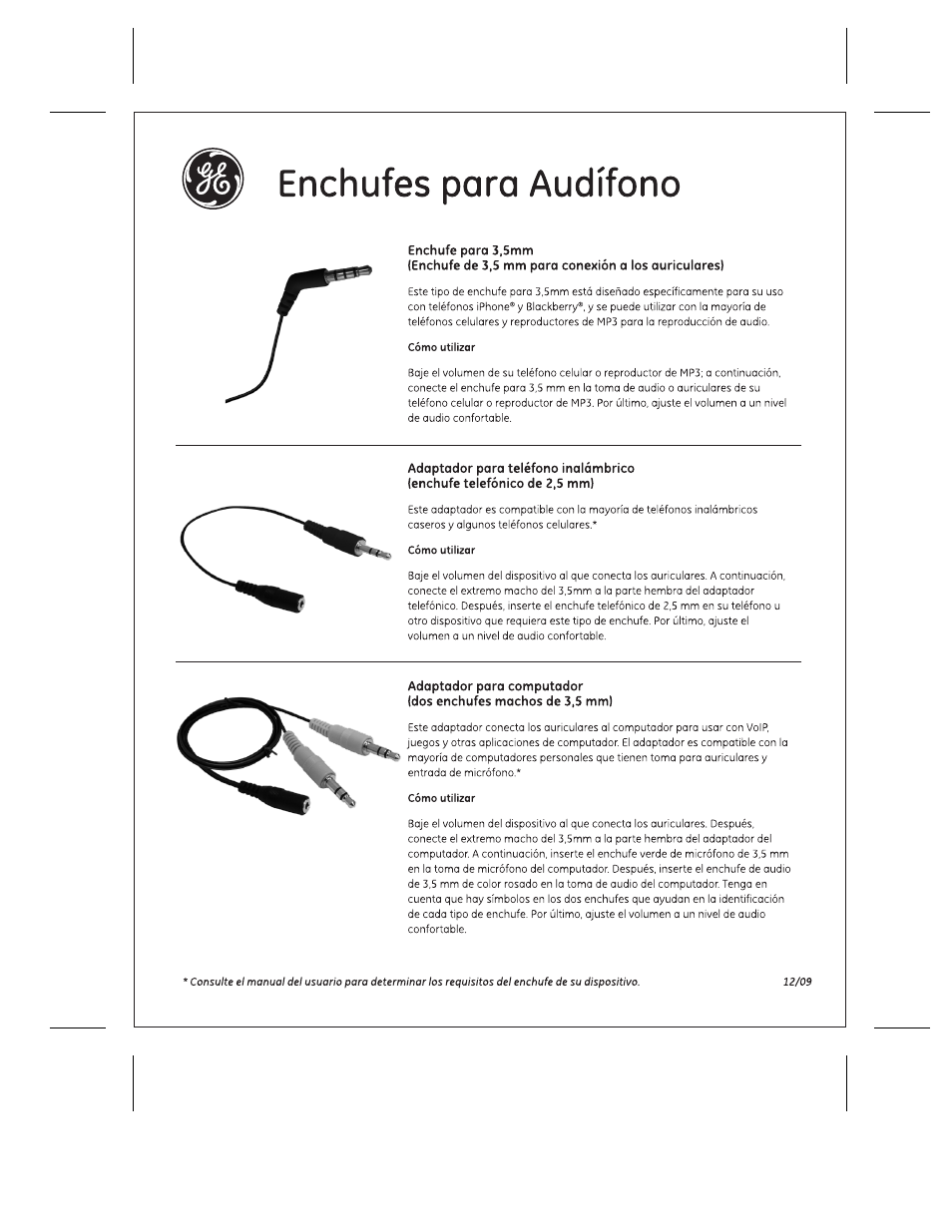 Enchufes para audífono, Enchufe para 3,5mm, Enchufe de 3,5 mm para conexión a los auriculares) | GE 95432 GE VoIP All-in-One Foldable Headset User Manual | Page 2 / 2