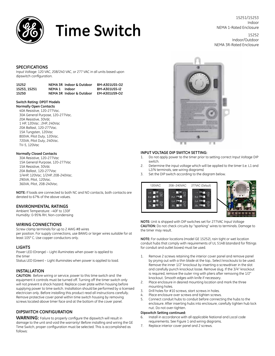GE Box-Timer GE Time Switch 15251 15252 and 15253 User Manual | 2 pages
