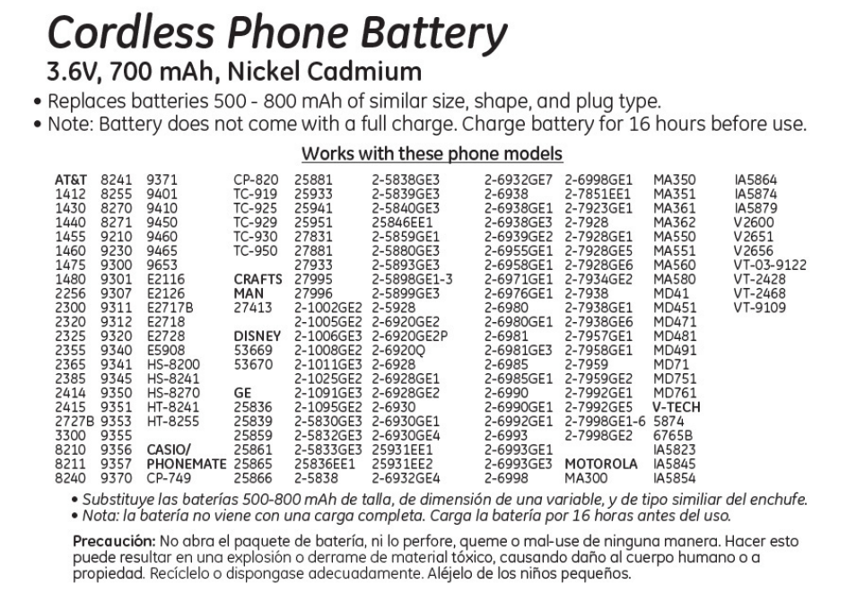 GE 26506 GE Cordless Phone Battery User Manual | 1 page