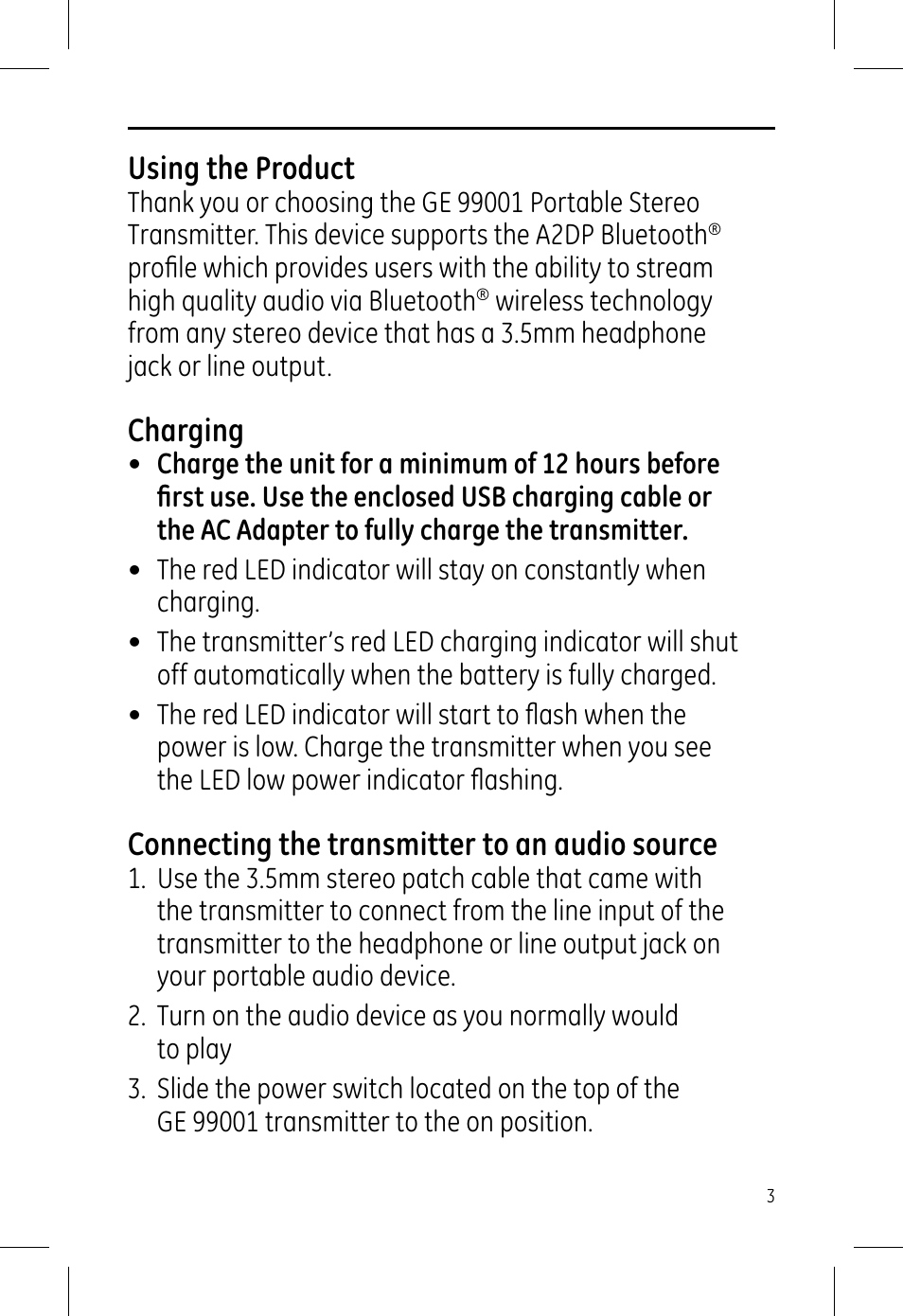 Using the product, Charging, Connecting the transmitter to an audio source | GE 99001 GE Bluetooth Portable Stereo Transmitter User Manual | Page 3 / 6
