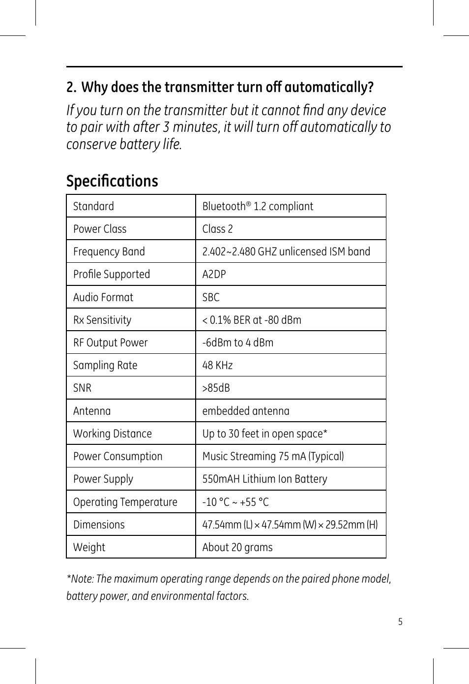 Speciﬁ cations | GE 99001 GE Bluetooth Portable Stereo Transmitter User Manual | Page 5 / 6