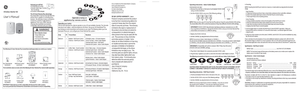 GE 51138 GE Indoor Outlet Receiver with Wall Switch Smart Remote Plus Compatible User Manual | 1 page