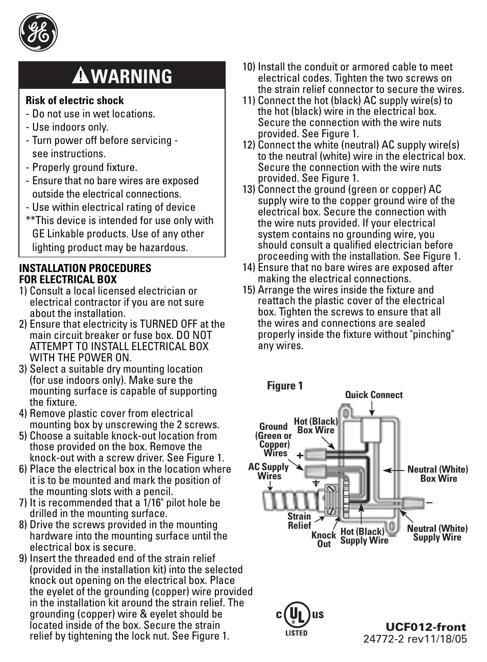 GE 24772 GE Direct Wire Junction Box User Manual | 1 page