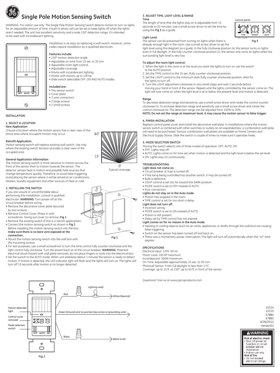 GE 15314 15315 Single Pole Motion Sensing Switch User Manual | 2 pages