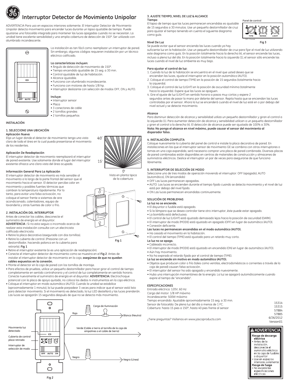 Interruptor detector de movimiento unipolar | GE 15314 15315 Single Pole Motion Sensing Switch User Manual | Page 2 / 2