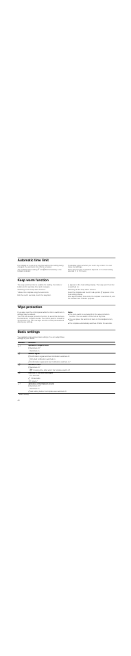 Automatic time limit, Keep warm function, Select the hotplate using the twist knob | In the next 5 seconds, touch the l symbol, Wipe protection, Notes, Basic settings | Neff T83T42N2MC User Manual | Page 40 / 60