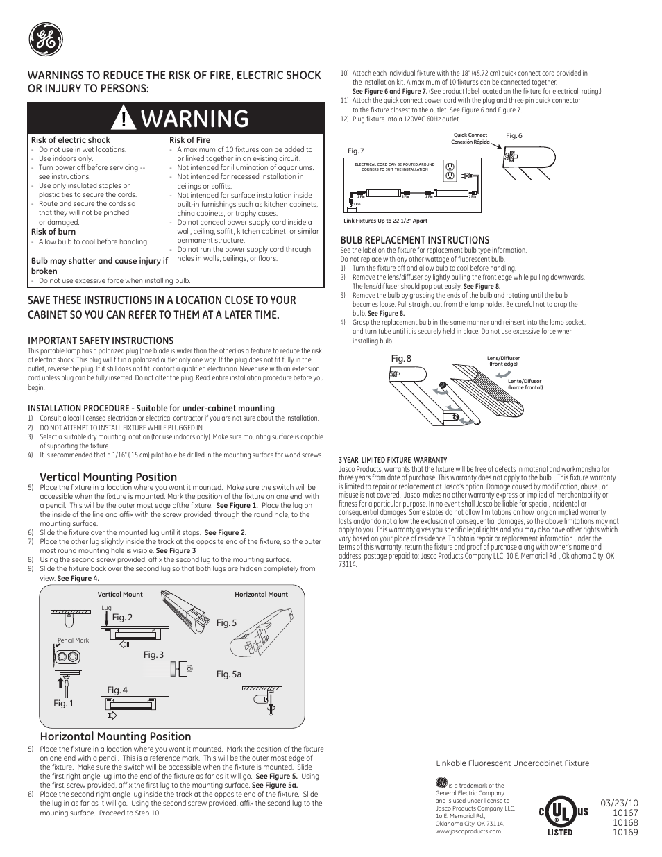 GE 10167 10168 10169 Linkable Fluorescent light Fixture User Manual | 1 page