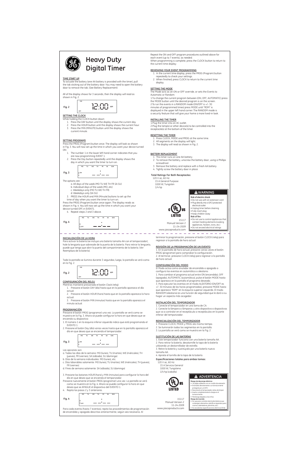 GE Outdoor 15117 Digital 7-Day Timer User Manual | 1 page