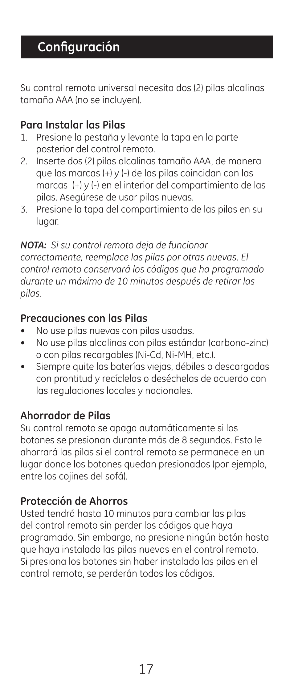 Configuración | GE 24944-v2 Universal Remote User Manual | Page 17 / 44