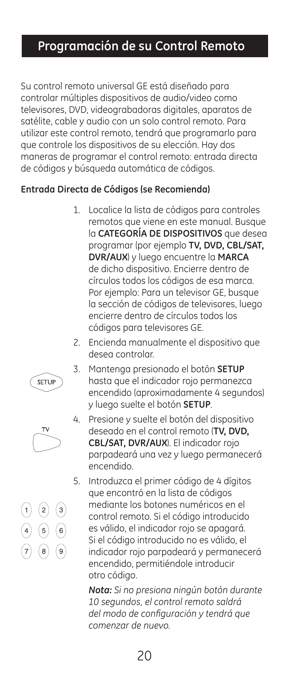 Programación de su control remoto | GE 24944-v2 Universal Remote User Manual | Page 20 / 44