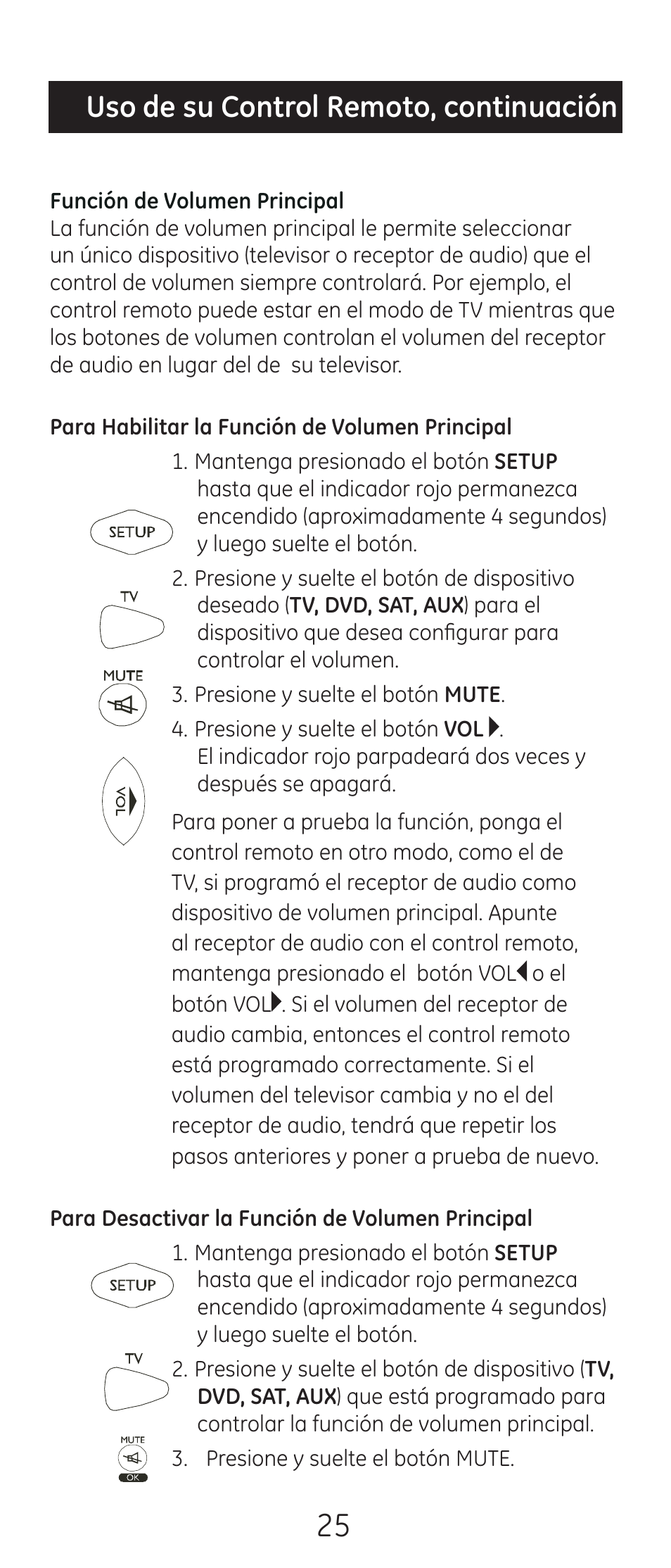 Uso de su control remoto, continuación | GE 24944-v2 Universal Remote User Manual | Page 25 / 44