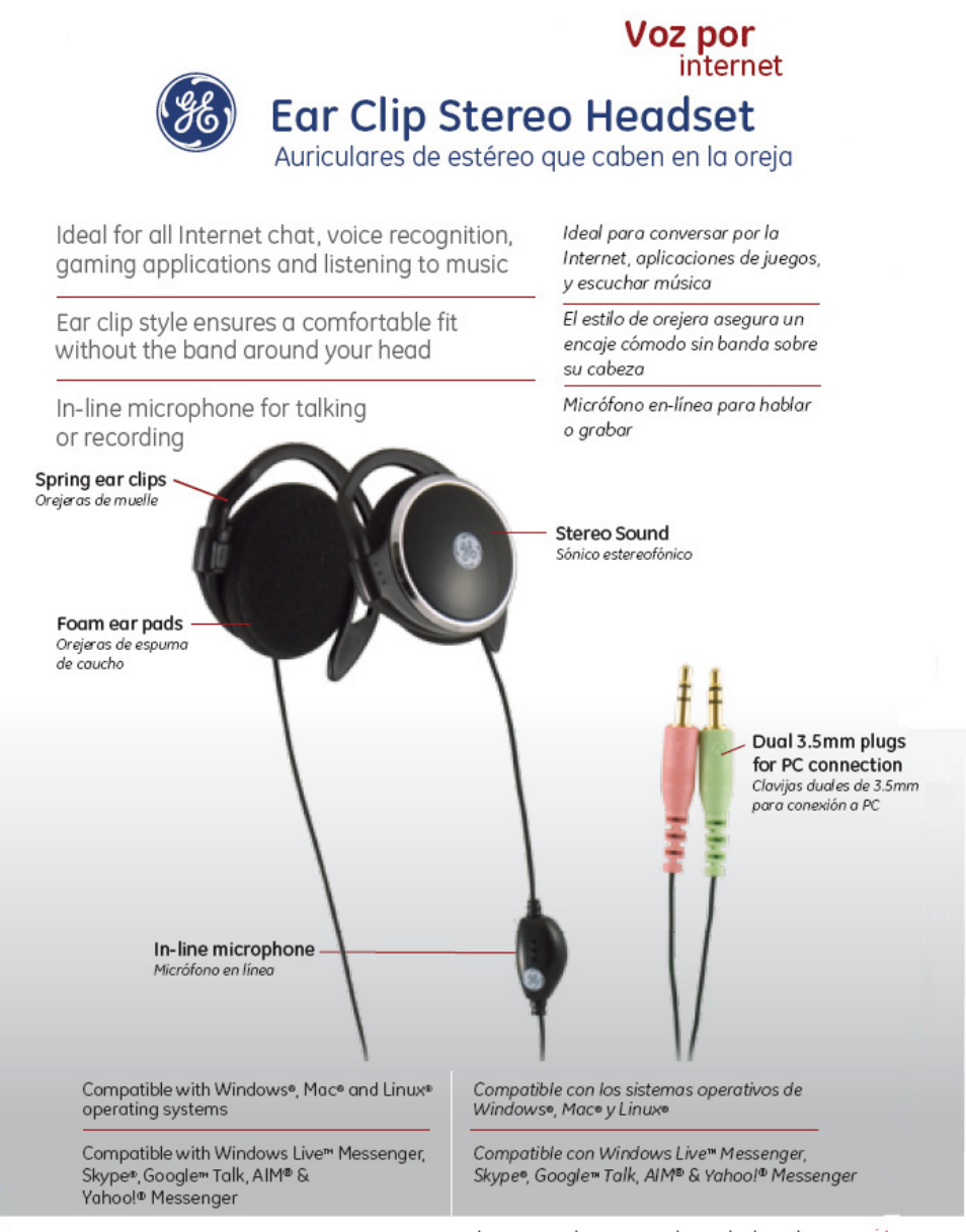 GE 26693 GE VoIP Ear Clip Stereo Headset User Manual | 1 page