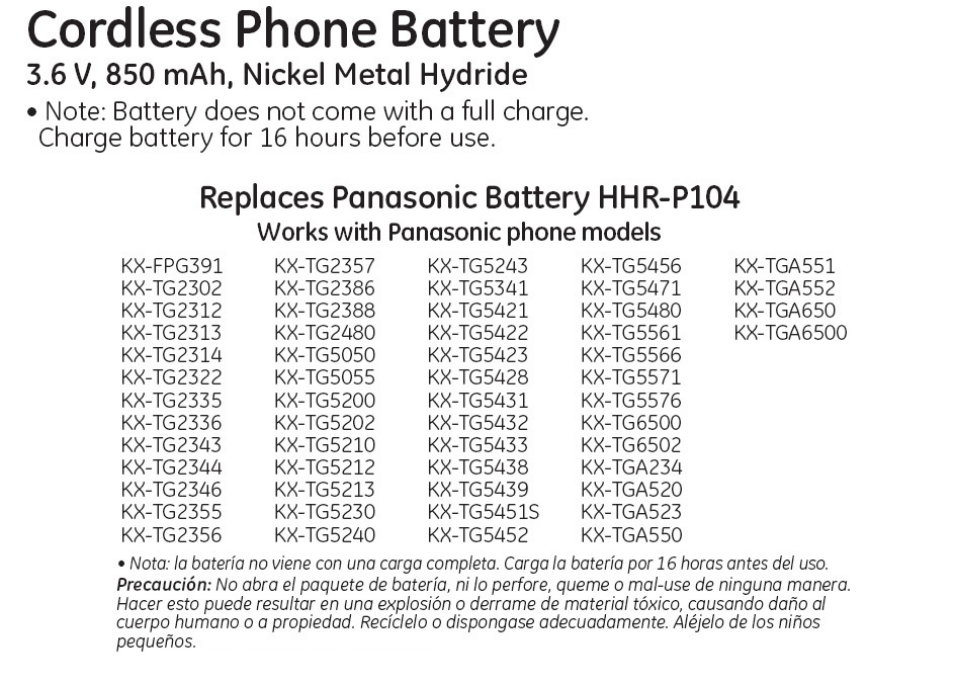 GE 26411 GE Cordless Phone Battery User Manual | 1 page