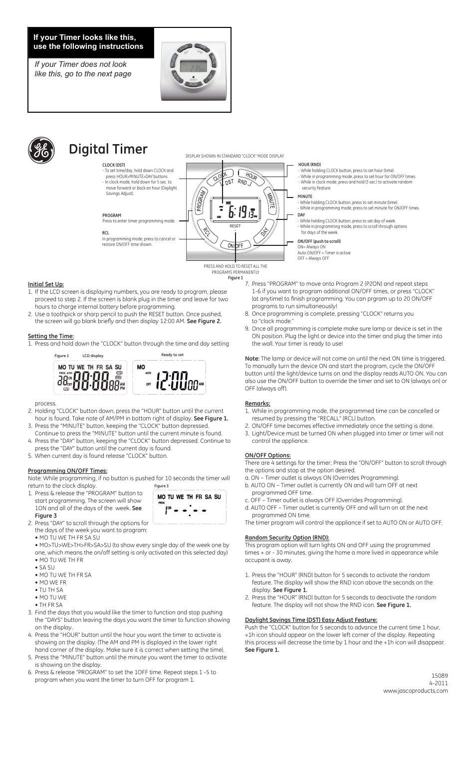 GE Plug-In Digital Timer 15089 version 1 & 2 User Manual | 2 pages