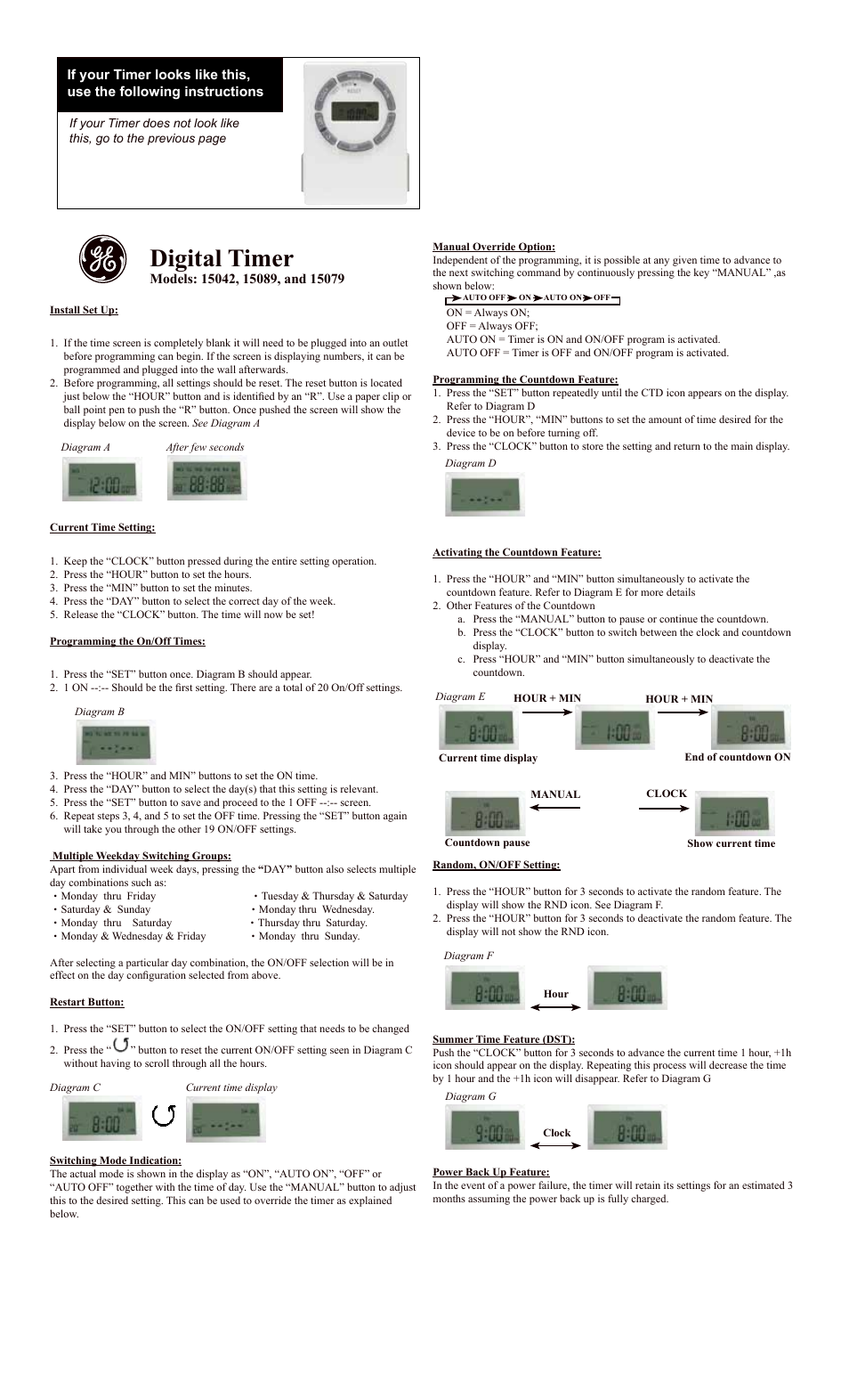 Digital timer | GE Plug-In Digital Timer 15089 version 1 & 2 User Manual | Page 2 / 2