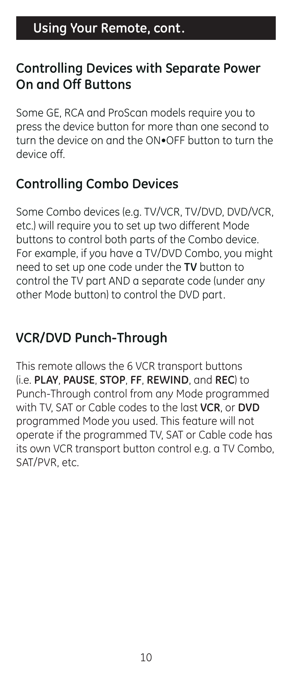 Controlling combo devices, Vcr/dvd punch-through | GE 24938 Universal Remote User Manual | Page 10 / 28