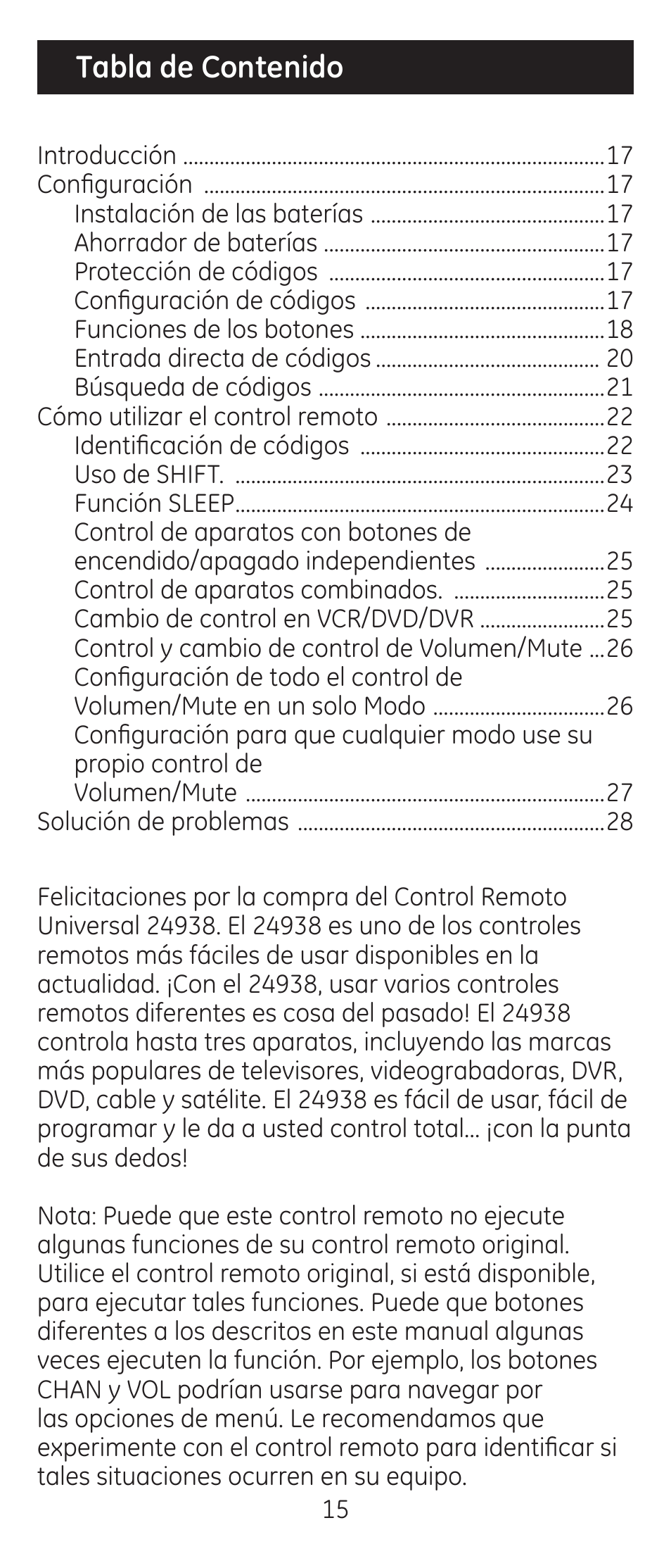 GE 24938 Universal Remote User Manual | Page 15 / 28