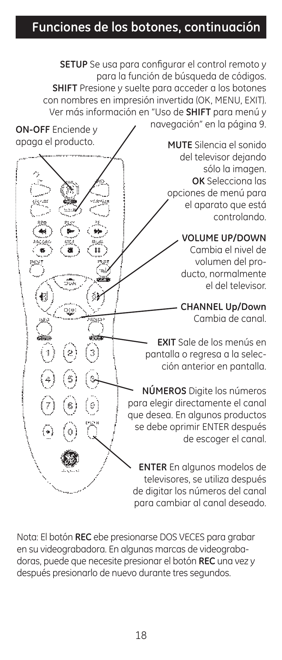 Funciones de los botones, continuación | GE 24938 Universal Remote User Manual | Page 18 / 28