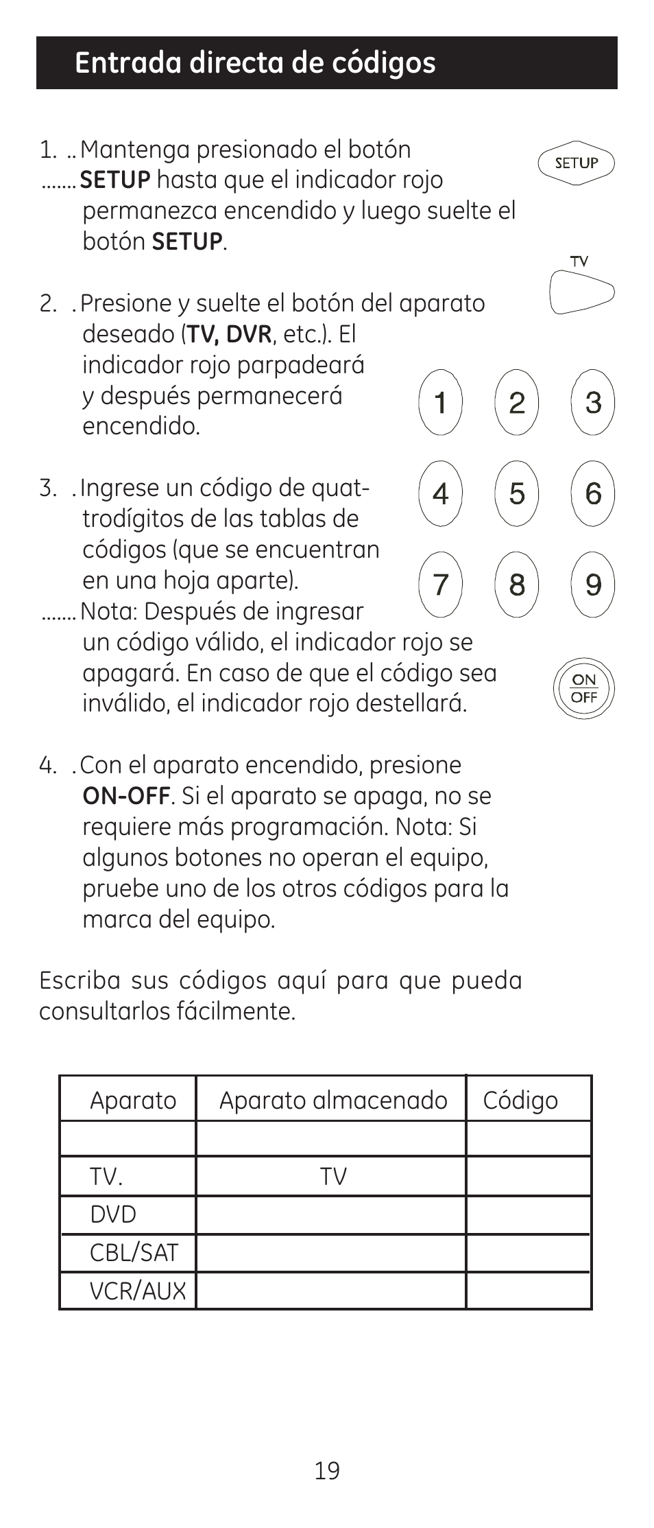 Entrada directa de códigos | GE 24938 Universal Remote User Manual | Page 19 / 28
