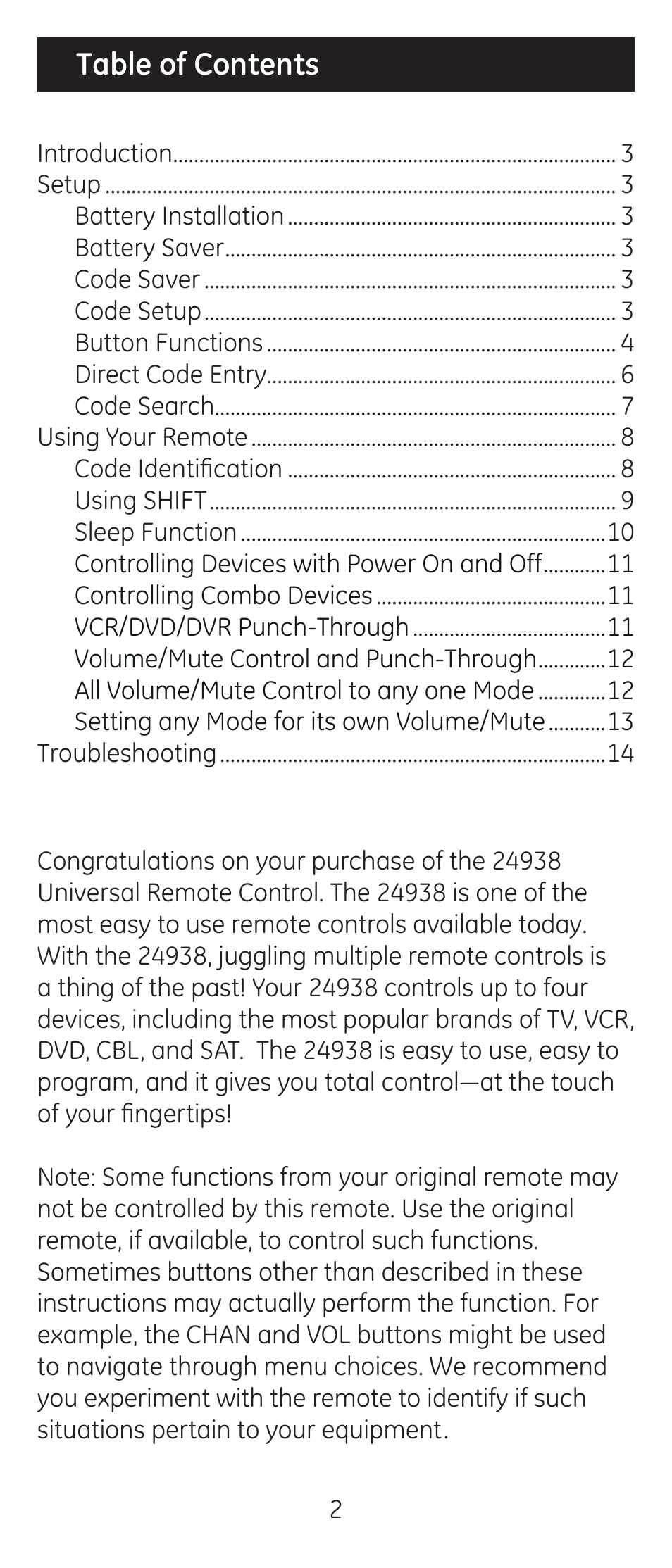 GE 24938 Universal Remote User Manual | Page 2 / 28