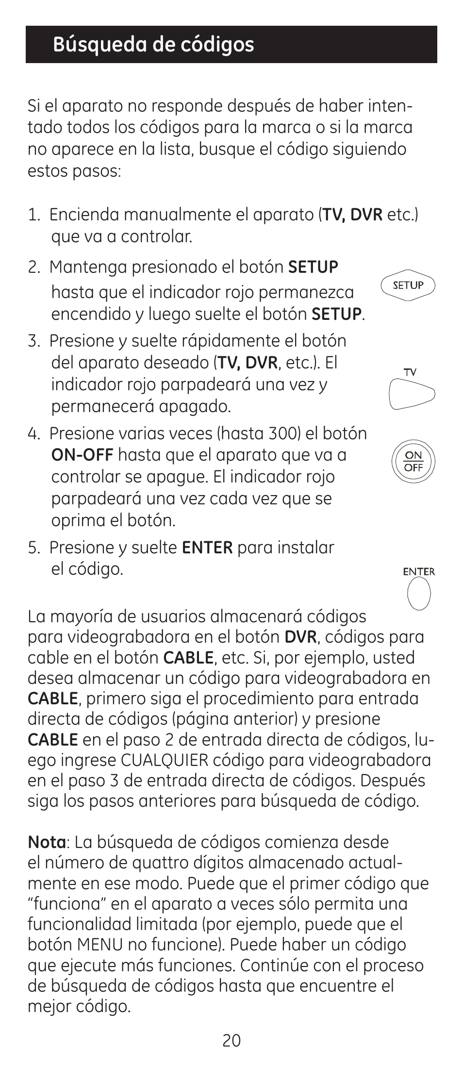Búsqueda de códigos | GE 24938 Universal Remote User Manual | Page 20 / 28