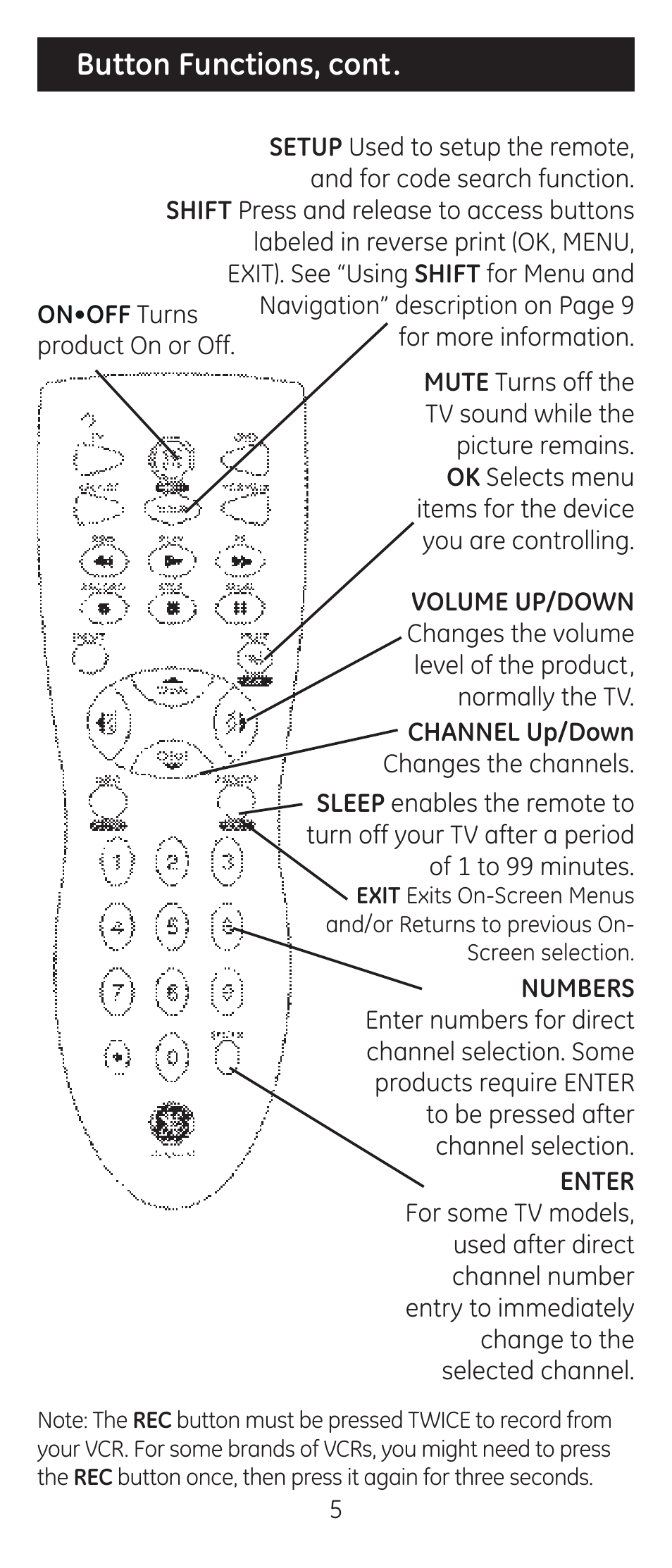 Button functions, cont | GE 24938 Universal Remote User Manual | Page 5 / 28