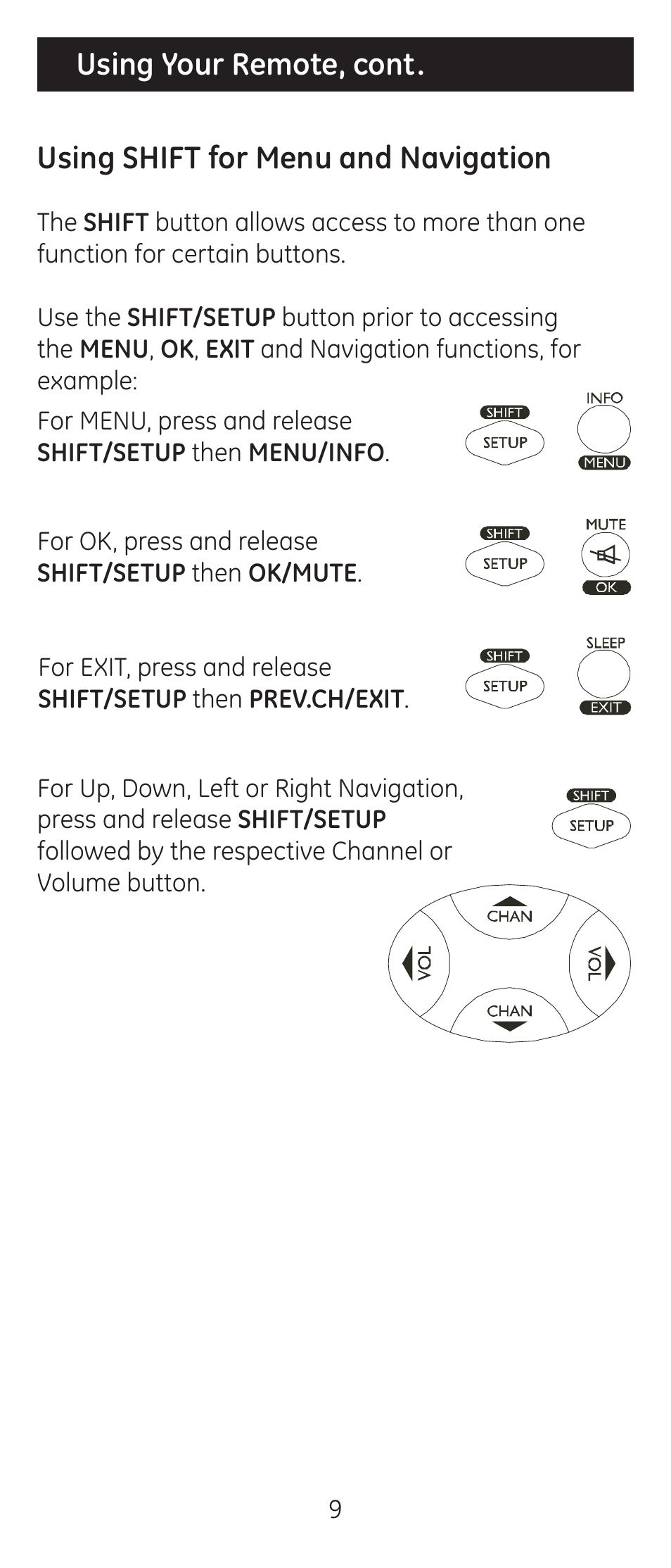 Using your remote, cont, Using shift for menu and navigation | GE 24938 Universal Remote User Manual | Page 9 / 28